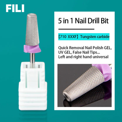 5-in-1 Tungsten Carbide Nail Drill Bits - Nail Art Equipment, Rotary Mills Cutter for UV Gel Removal & Manicure Tool