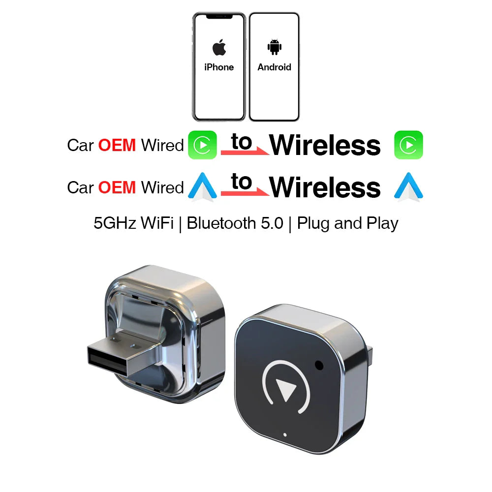 2-in-1 Wired to Wireless CarPlay & Android Auto Adapter — USB Plug & Play with Bluetooth for OEM Car Stereo