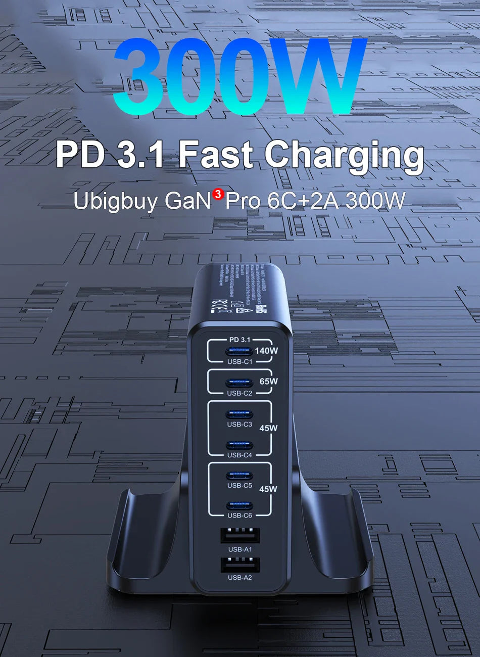 Ubigbuy 300W Multi-Port GaN Charger - USB-C 140W PD 3.1 & PPS 100W Charging Station for MacBook Pro M2, iPhone 15/14, Galaxy