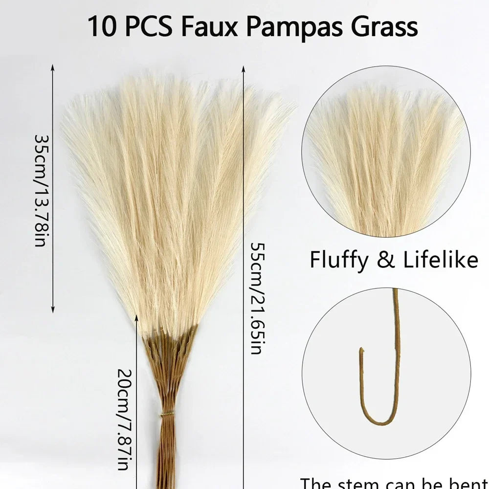 10PCS Artificial Pampas Grass – Fake Reed Flowers for DIY Floral Arrangements, Table Decor, Weddings & Home Christmas Decoration