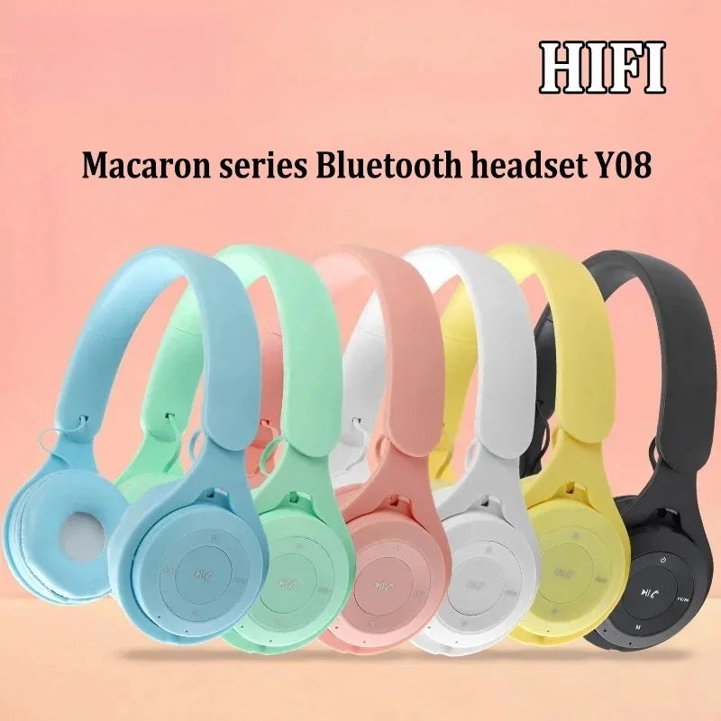 Y08 Macaron Wireless Bluetooth Headphones – With Microphone, Wired Earphones, Gaming Headset for Kids, MP3 Players & Gifts