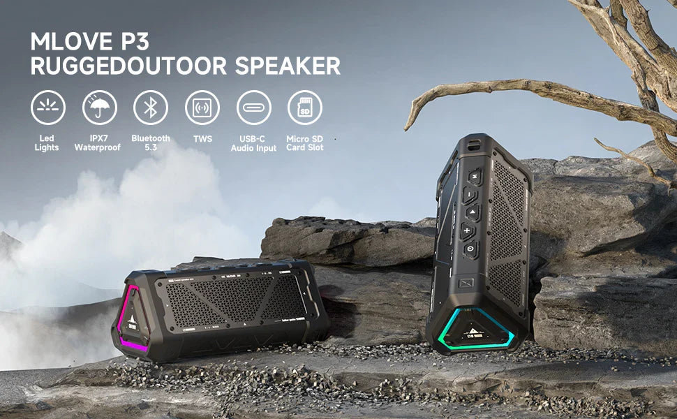 MLOVE P3 40W Bluetooth Speaker – Outdoor, IPX7 Waterproof, Stereo Sound, Bluetooth 5.3, RGB Lights, Micro SD Slot