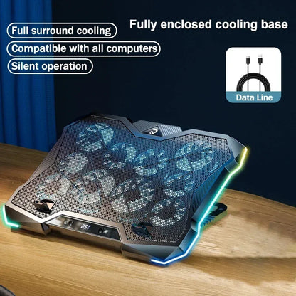 D11 Gaming Laptop Cooler Stand – 10-Fan Foldable Adjustable Cooling Pad for 12–18” Notebooks with RGB Lighting & Heat Dissipation