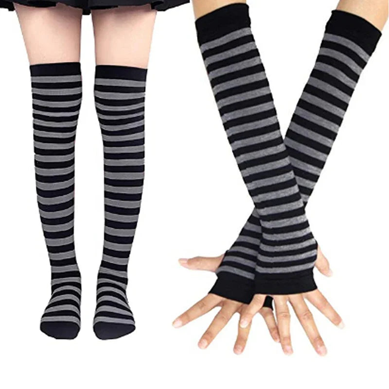 Women's Girls Over Knee Long Stripe Printed Thigh High Cotton Socks - Sweet Cute Plus Size Overknee Socks and Arm Sleeve Gloves