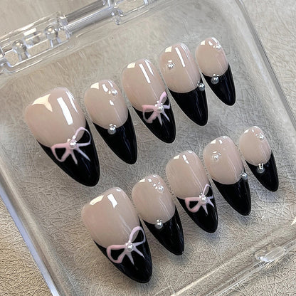 10 Pcs Black French Press-On Nails – Handmade Bowknot Design, Glossy Short Almond Fake Nails for Salon Art