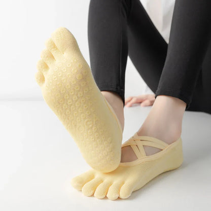 Women's Anti-Slip Pilates Socks - Five Toe Silicone Non-Slip Yoga and Ballet Dance Socks, Cotton Fitness Sports Socks