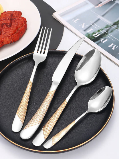 24-Piece Stainless Steel Tableware Set – Star Design Steak Knives, Forks, Dessert Forks, and Spoons for Family Use