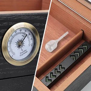 Cedar Wood Cigar Humidor – Glass Top Desktop Cigar Box with Front Hygrometer, Humidifier, Divider, and Accessories Drawer