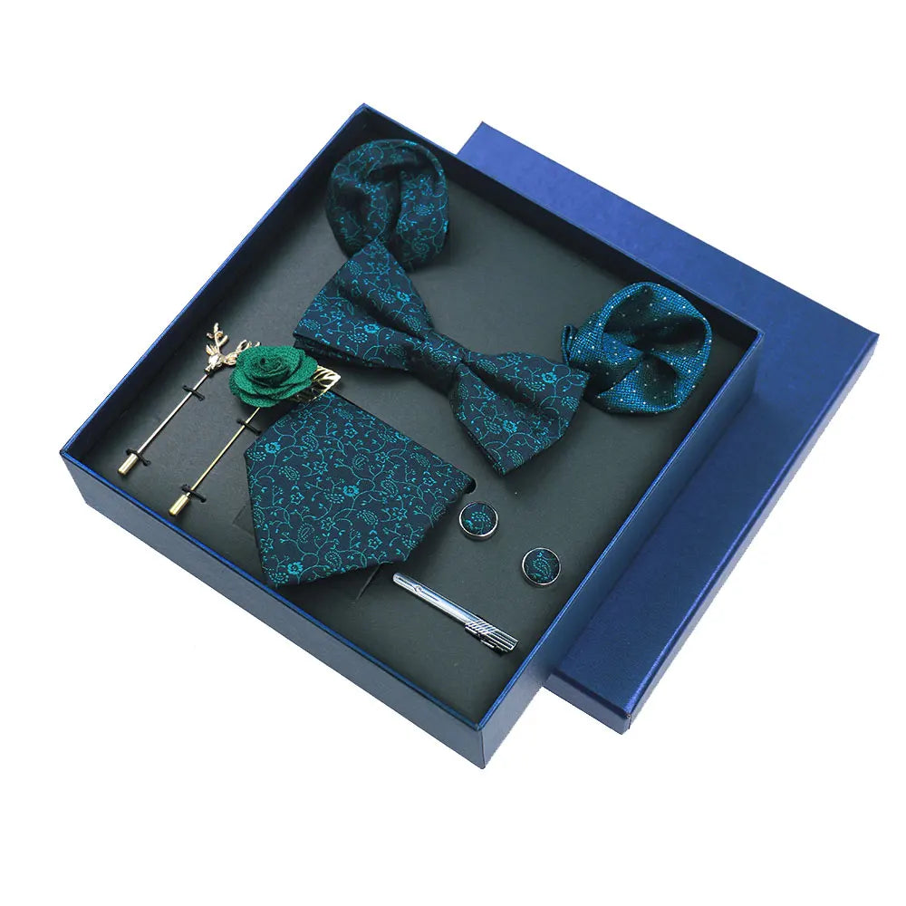 Men’s Luxury Silk Tie Set - 8cm Wedding Necktie with Bowtie, Pocket Square, Cufflinks & Floral Gift Box Accessories
