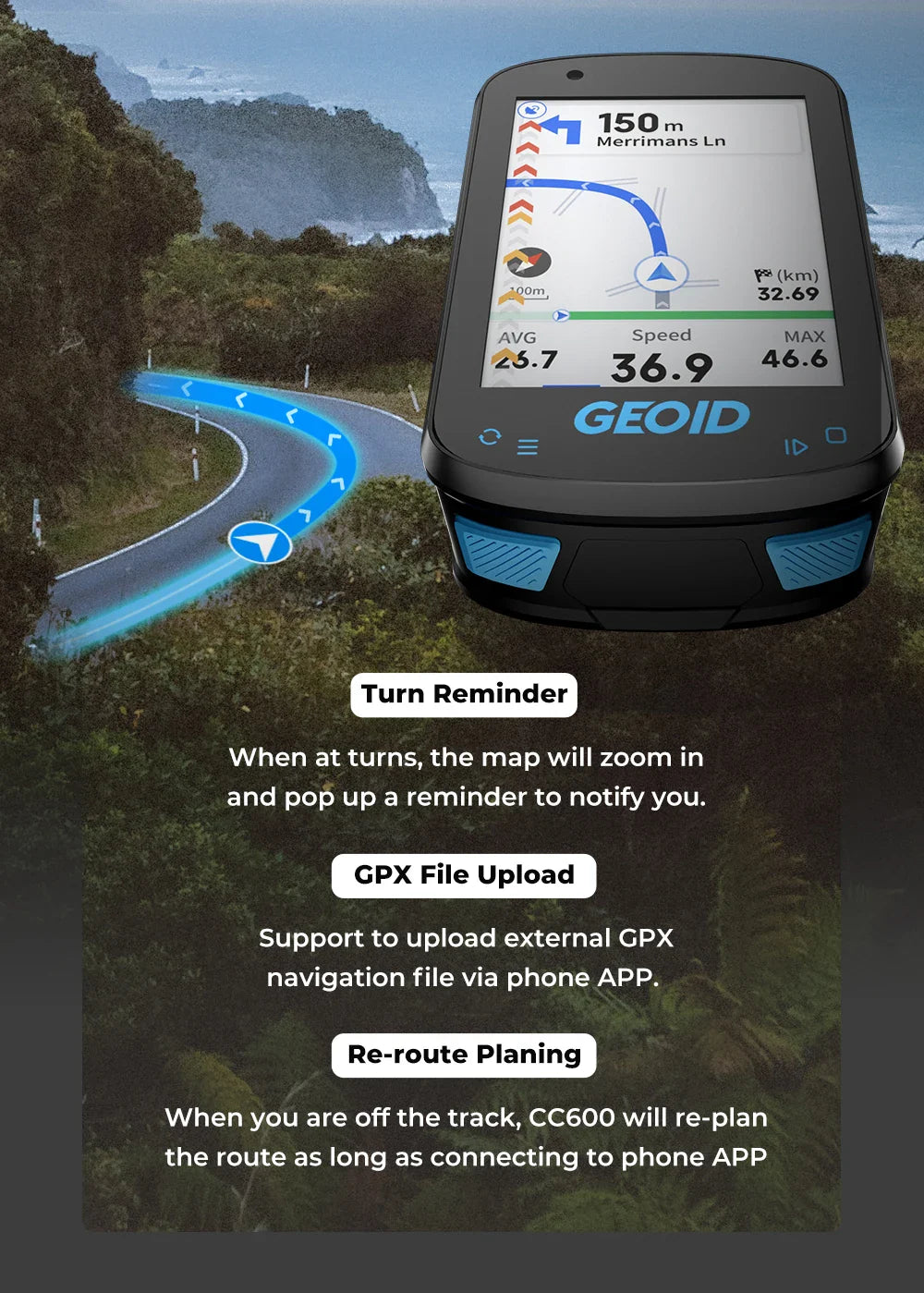 GEOID CC600 Bike Computer – Color Screen Smart GPS Speedometer with Wireless ANT+, WIFI, 11 Languages & Cycling Odometer