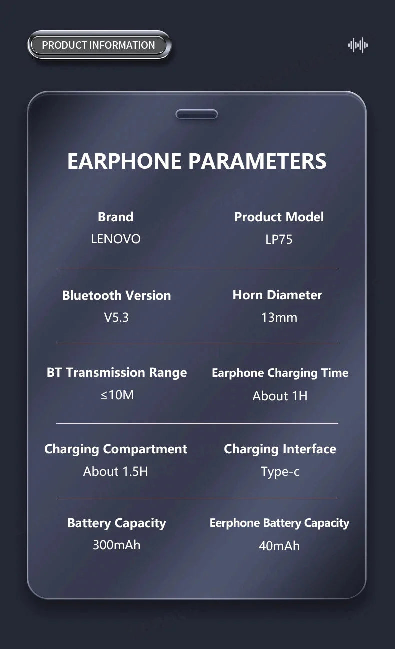 Lenovo LP75 TWS Sports Earphones — Bluetooth 5.3 Wireless, Waterproof HiFi Stereo, Noise-Reducing Earbuds with Mic