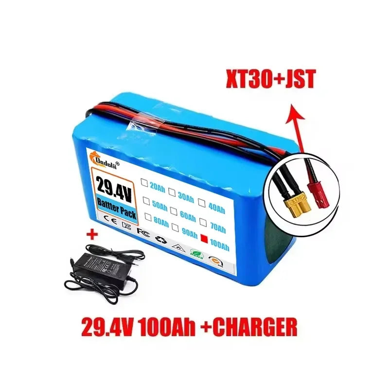 29.4V 100Ah 7S3P 18650 Lithium-Ion Battery Pack — Suitable for 24V–29.4V Motors with 2A Charger