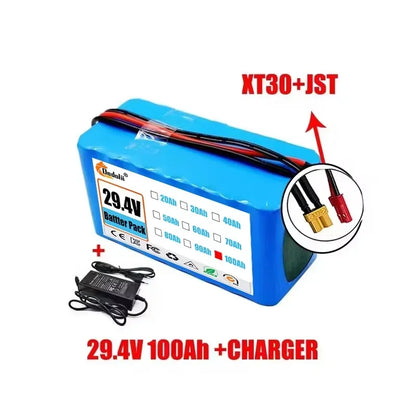 29.4V 100Ah 7S3P 18650 Lithium-Ion Battery Pack — Suitable for 24V–29.4V Motors with 2A Charger
