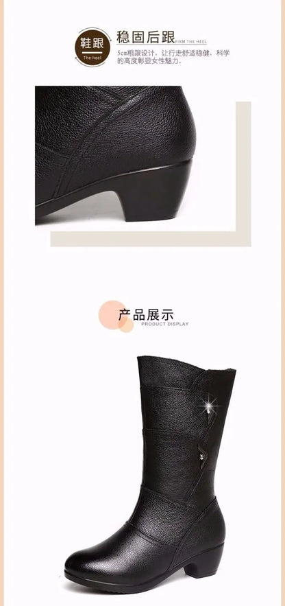 2024 Women’s Fashion Mid-Calf Boots – Waterproof Leather, Anti-Slip Zipper Winter Footwear