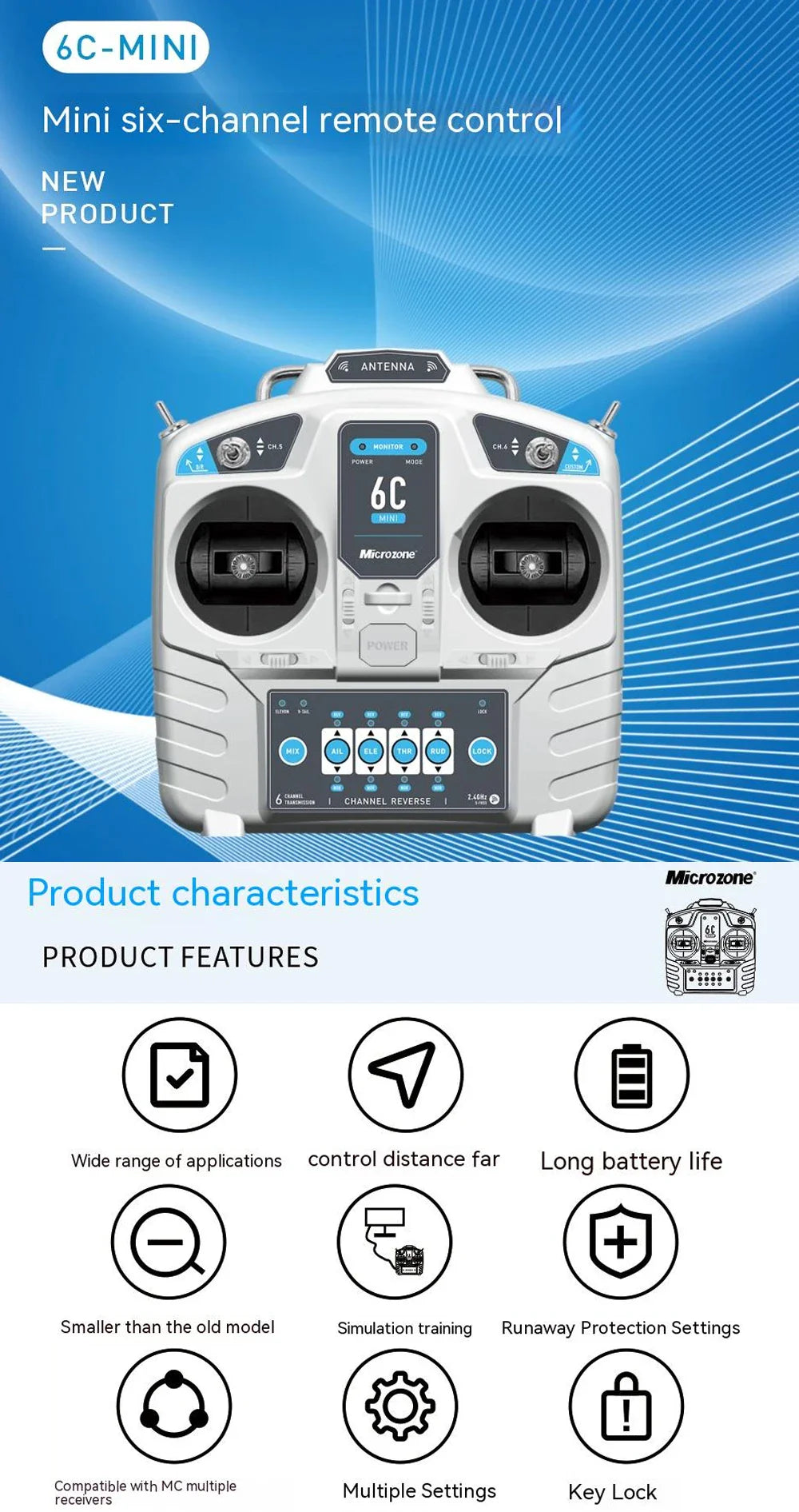 MicroZone MC6C-Mini V2 2.4G 6CH RC Controller — MC7RB Receiver for Fixed-Wing, Car, Boat & Airplane Toys