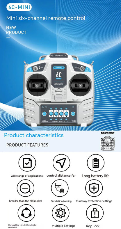 MicroZone MC6C-Mini V2 2.4G 6CH RC Controller — MC7RB Receiver for Fixed-Wing, Car, Boat & Airplane Toys