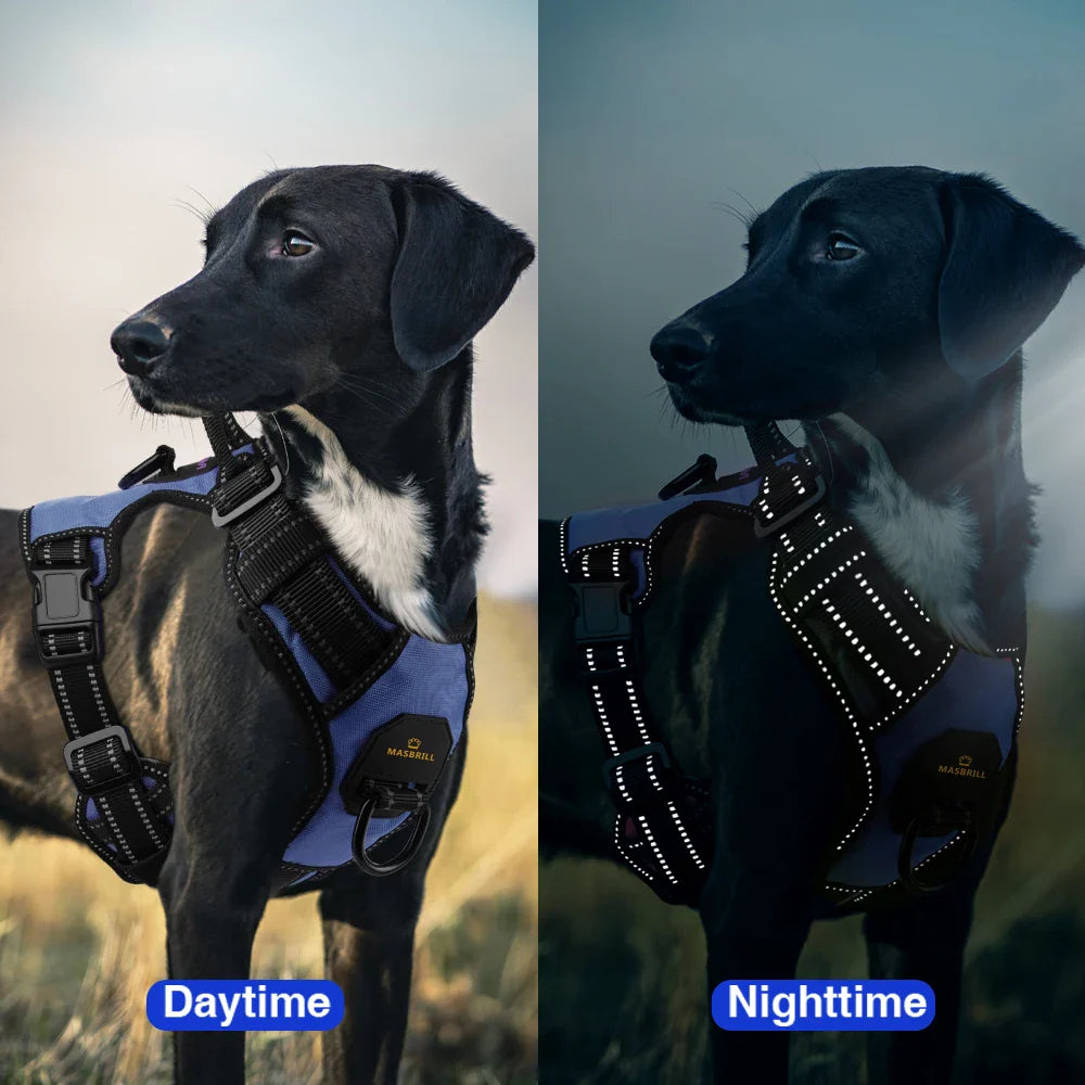 MASBRILL Reflective Nylon No-Pull Dog Harness: Adjustable Vest for Medium to Large Dogs - Safety Vehicular Lead for Walking and Running