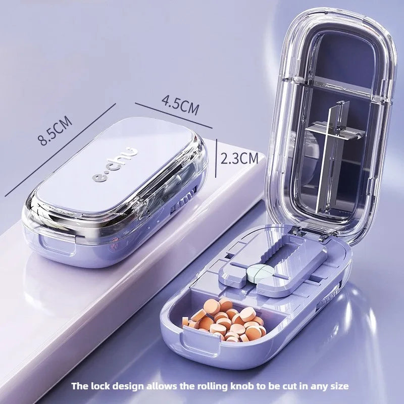 Quartering Pill Cutter & Storage Box – Portable Dustproof Medicine Tablet Crusher with Divider Organizer