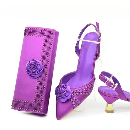 Women's Rhinestone Shoe & Bag Set - Nigerian Party Pumps with Handmade Flower Matching Bag