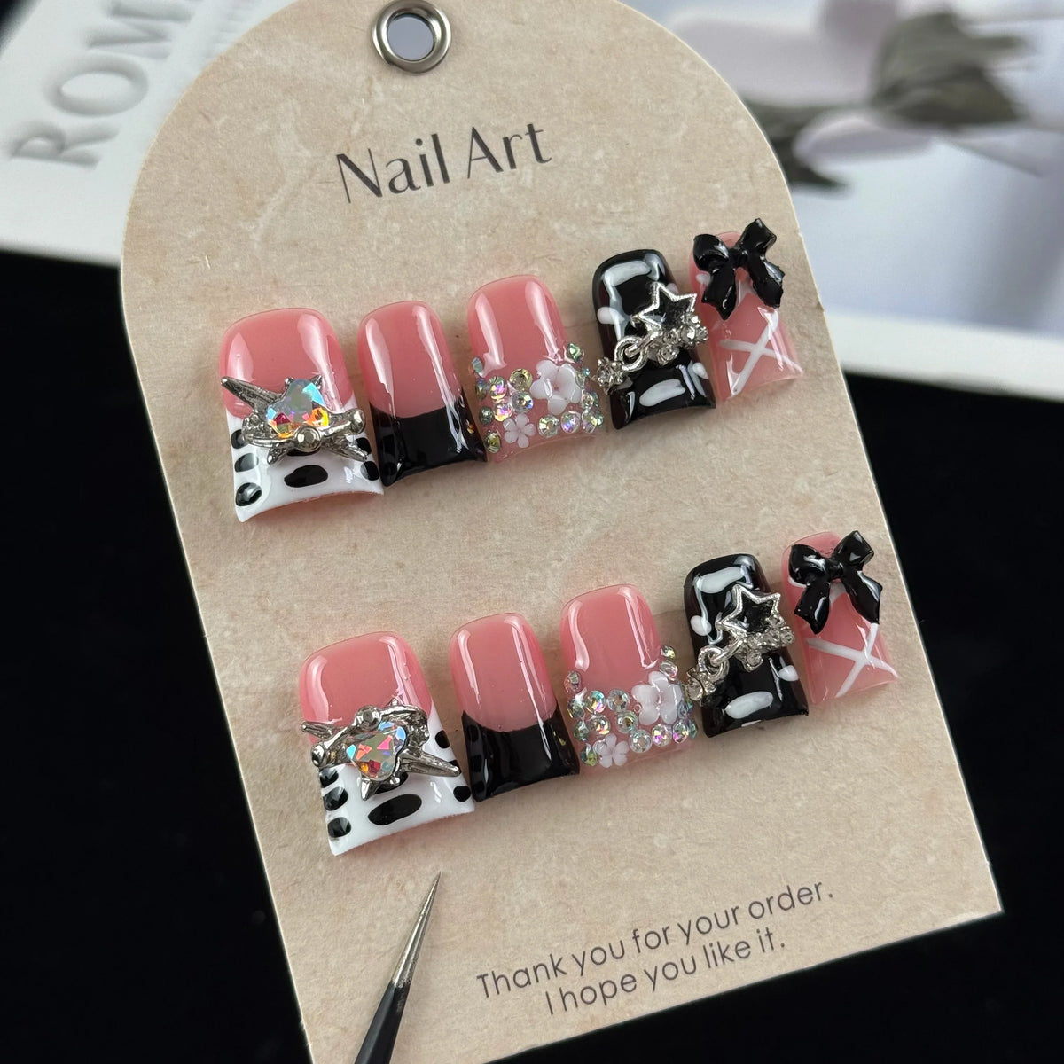 10-Piece 3D Bow & Glitter Press-On Nails - Sweet Girl Handmade Nail Set
