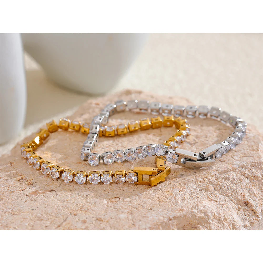 Yhpup 4mm Cubic Zirconia Chain Bracelet – Stainless Steel Shiny Bangle for Women, Premium Waterproof Fashion Jewelry