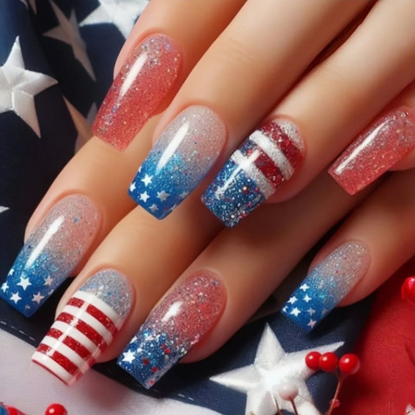 24PCS Star Design Press On Nails - American Red Blue Stripe Gradient Acrylic False Nail Tips for Stylish Nail Art