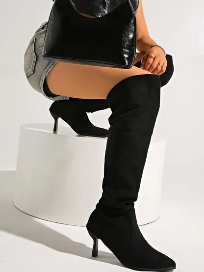 2025 Women’s Retro Black Suede Knee-High Boots – Pointed Toe, High Heel, Plus Size