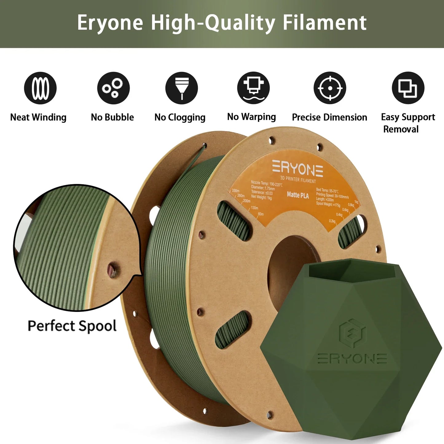 ERYONE Matte PLA Filament 1.75mm – 1KG High-Quality Spool for 3D Printing, Fast Shipping