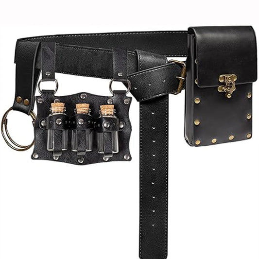 Renaissance Costume Belt Set – Leather Pouch with 3 Potion Bottles, Medieval Festival & Halloween Waist Accessories