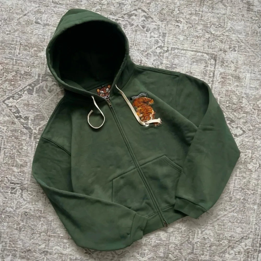 Y2K Tiger Embroidered Hoodie - Oversized Unisex Zip Up Sweatshirt with Kangaroo Pocket