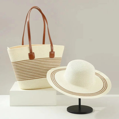 French Style Straw Handbag & Summer Beach Hat Set – Woven Bucket Bag with Fine Stripes