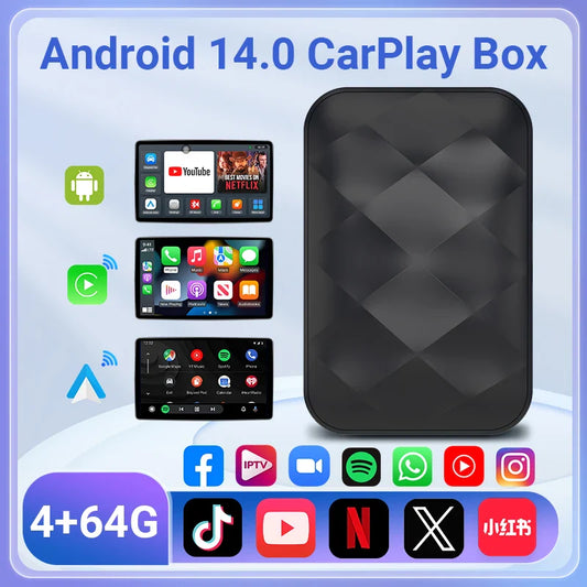 Acodo 2025 Android 14 3-in-1 CarPlay AI Box Wireless Adapter for Android Auto, YouTube & Netflix – Universal Plug and Play TV Box