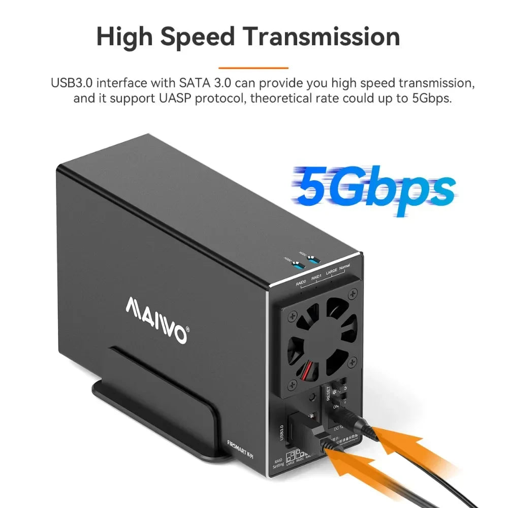 MAIWO 3.5 Inch HDD Case – Dual Bay SATA RAID Storage Enclosure & Docking Station for 2.5/3.5 Inch External Hard Drives
