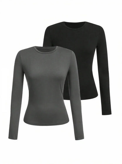 Women's Solid Color Long Sleeve T-Shirt – Round Neck Knitted Polyester Regular Fit Fall Winter Top