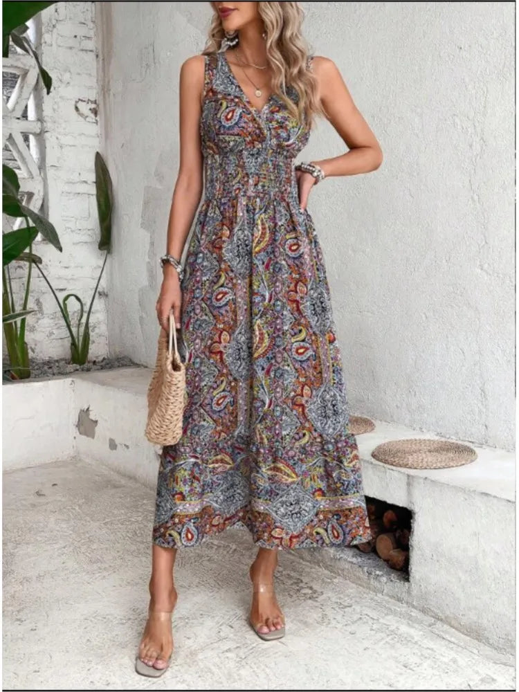 Women’s Summer Boho Dress – Sleeveless Printed Beach Party Dress, Elegant Casual Holiday Outfit for Women