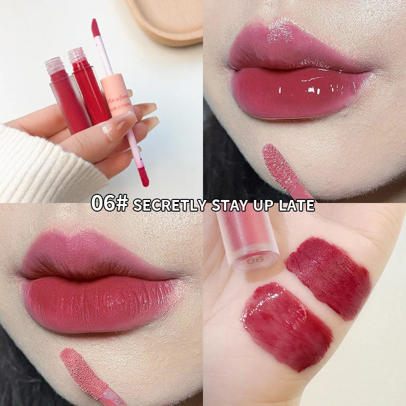 Double-End Lip Glaze – Glossy Mirror & Matte Velvet, Long-Lasting Color & Moisture, Anti-Stain Lip Gloss Cosmetic