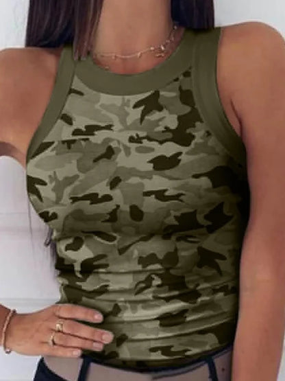 Women’s Summer Elastic Racerback Tank Top – O-Neck Stripe Print Sleeveless Basic Digital Print Sexy Casual T-Shirt
