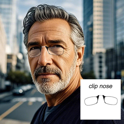 Men’s Nose Clip Reading Glasses – High-Quality Portable Transparent Eyewear for Seniors with Case