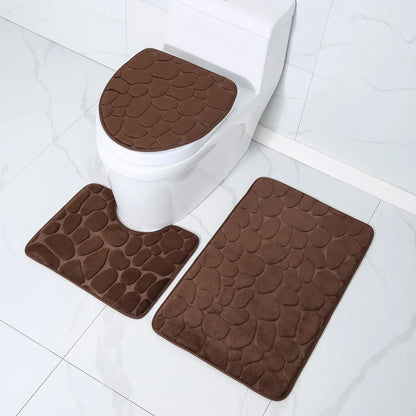 Toilet Seat Cover 3Pcs Set: Anti-Slip Bath Mat & Absorbent Rug - Enhance Bathroom Decor with Pebbles Bathtub Design, Shower Room Floor Carpet