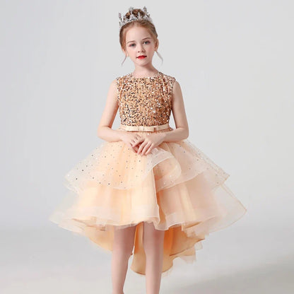 Sequin Lace Tuxedo Dress for Girls - Sleeveless Fluffy Mesh Wedding & Party Dress Ages 3–13