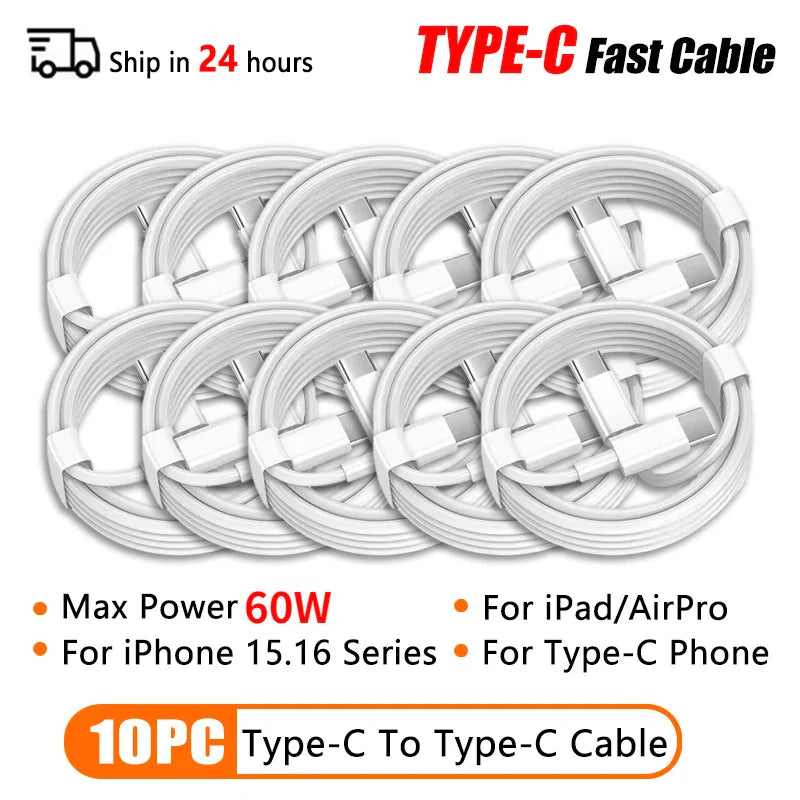 PD 60W USB-C to USB-C Fast Charging Cable – 2M Power Delivery Cord for iPhone 6-16 Series, iPad & USB-A Devices