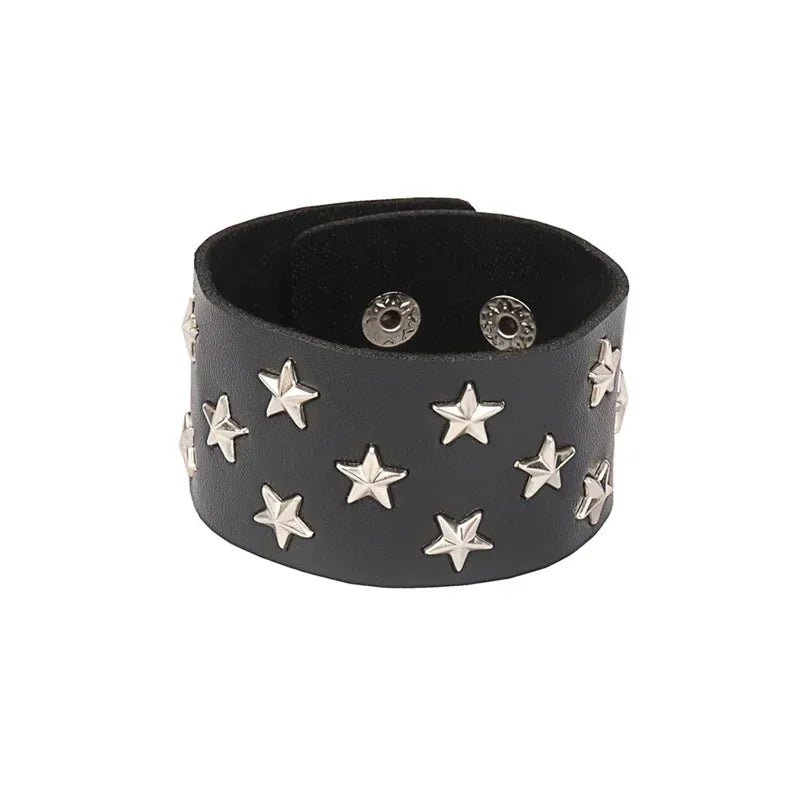 Punk Rock Hip Hop PU Leather Bracelet – Unisex Skull, Pentagram & Rivet Chain Bracelet, Trendy Party Jewelry Accessory