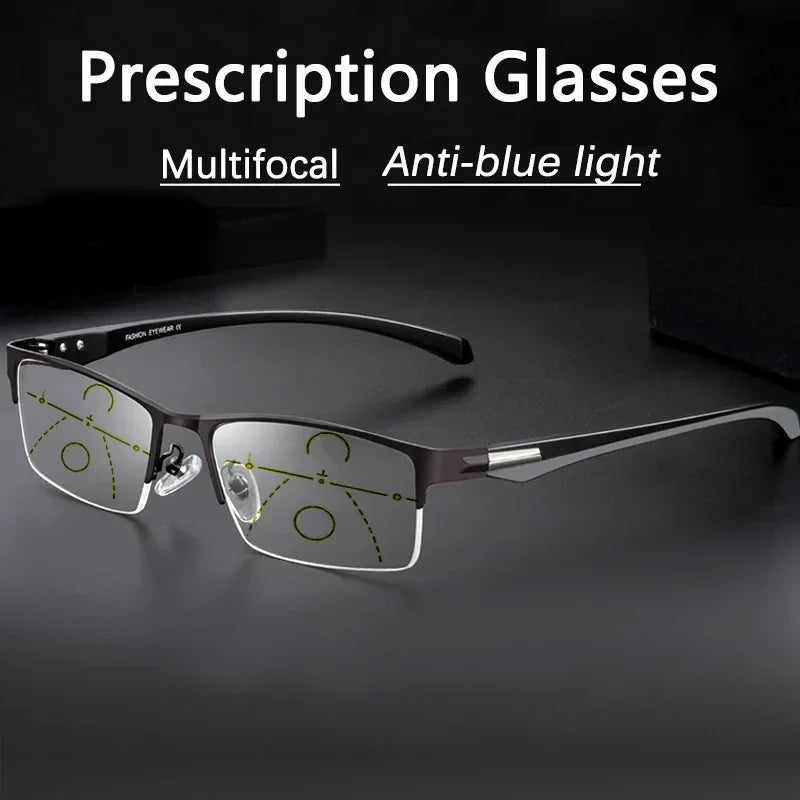 Progressive Multifocal Photochromic Reading Glasses – Anti-Blue Light Half Frame for Men with Presbyopia & Far Sight Protection