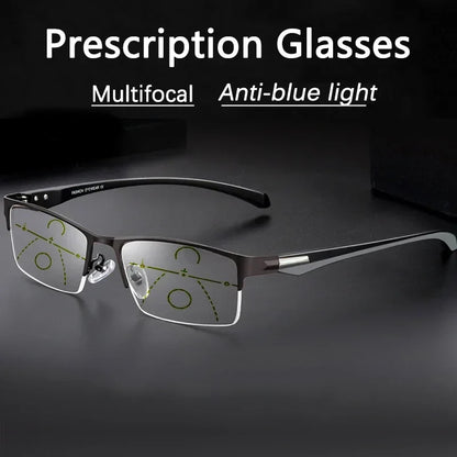 Progressive Multifocal Photochromic Reading Glasses – Anti-Blue Light Half Frame for Men with Presbyopia & Far Sight Protection