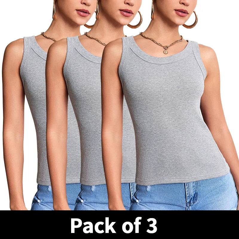 Women’s Solid Suspender Vest Top – Round Neck Sleeveless Sexy & Comfortable Fashion Tank for Women & Teens (1/3 Pack)