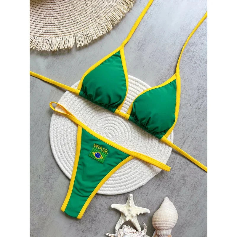 Women’s Brazil Flag Embroidery Bikini Set – Contrast Split Patchwork Swimsuit, Sexy Summer Beachwear Outfit