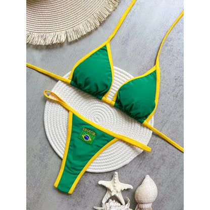 Women’s Brazil Flag Embroidery Bikini Set – Contrast Split Patchwork Swimsuit, Sexy Summer Beachwear Outfit