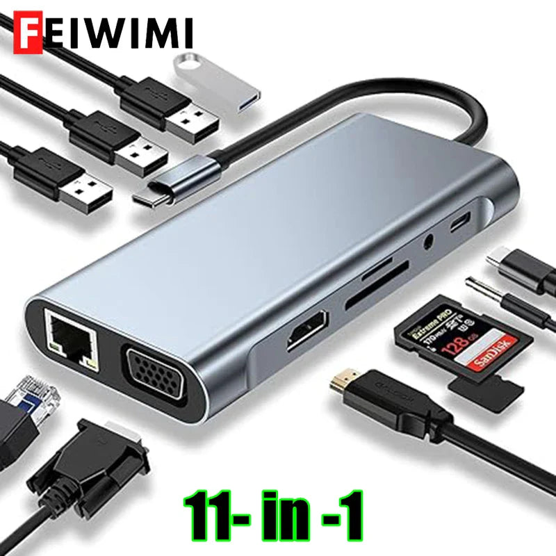 USB C Hub Adapter – 4K HDMI, VGA, PD, RJ45, SD/TF Card Reader for MacBook Pro/Air M1 & iPad