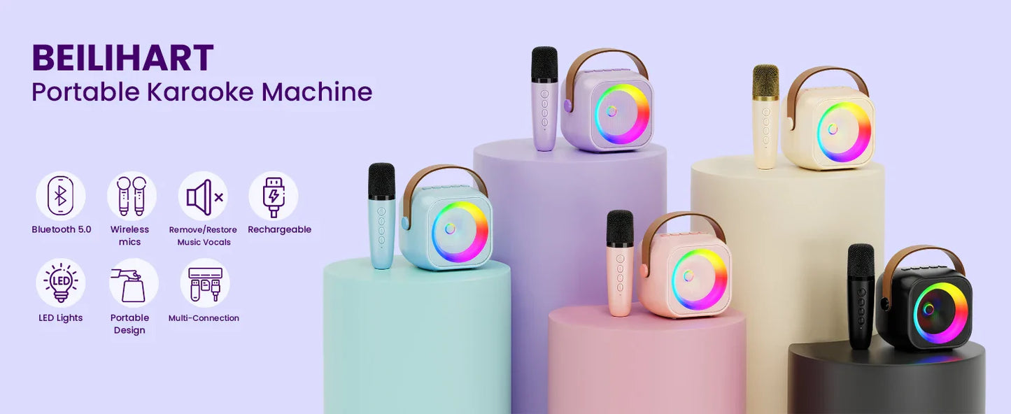 Haomuren Portable Karaoke Machine – Mini Bluetooth Speaker with 1-2 Wireless Microphones, Singing Toy for Kids & Family Party Gift