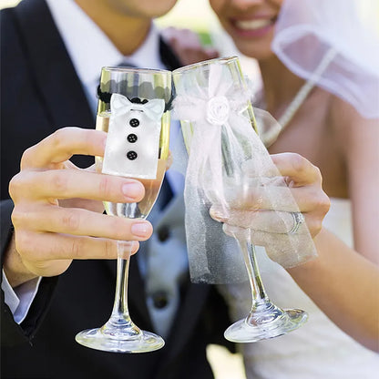 2Pcs Bride and Groom Wine Cup Wraps - Champagne Glass Bottle Covers for Wedding Table Decoration and Bachelorette Party Decor
